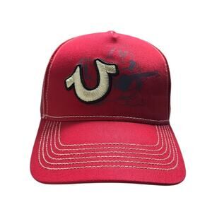 True Religion Red Trucker Hat Snapback OSFM Men's Y2K Streetwear Buddha Logo NEW